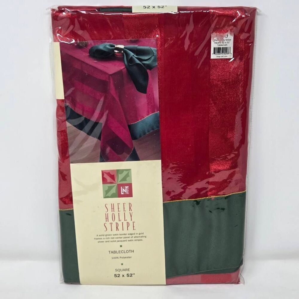 LINENS N THINGS CHRISTMAS SHEER STRIPE POLYESTER SQUARE TABLECLOTH 52" X 52" NEW